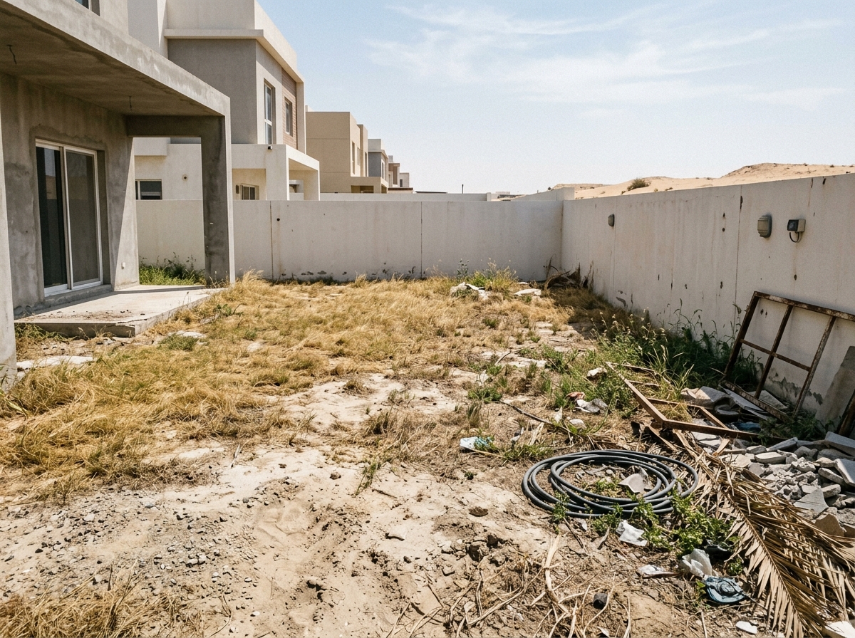Before garden makeover: dry patchy lawn and uneven dirt ground prior to landscaping