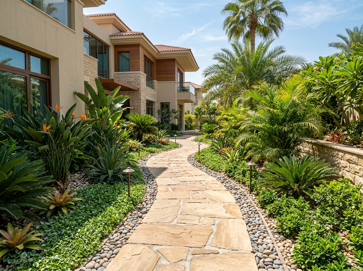Natural textured stone pathway with tropical foliage, agave, and gravel borders in a modern villa side garden