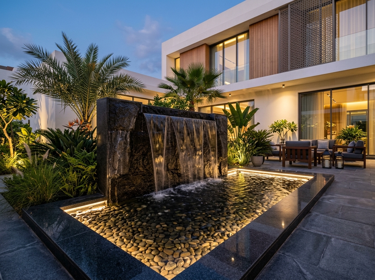Modern villa courtyard water feature with textured dark granite spillway and warm evening architectural lighting