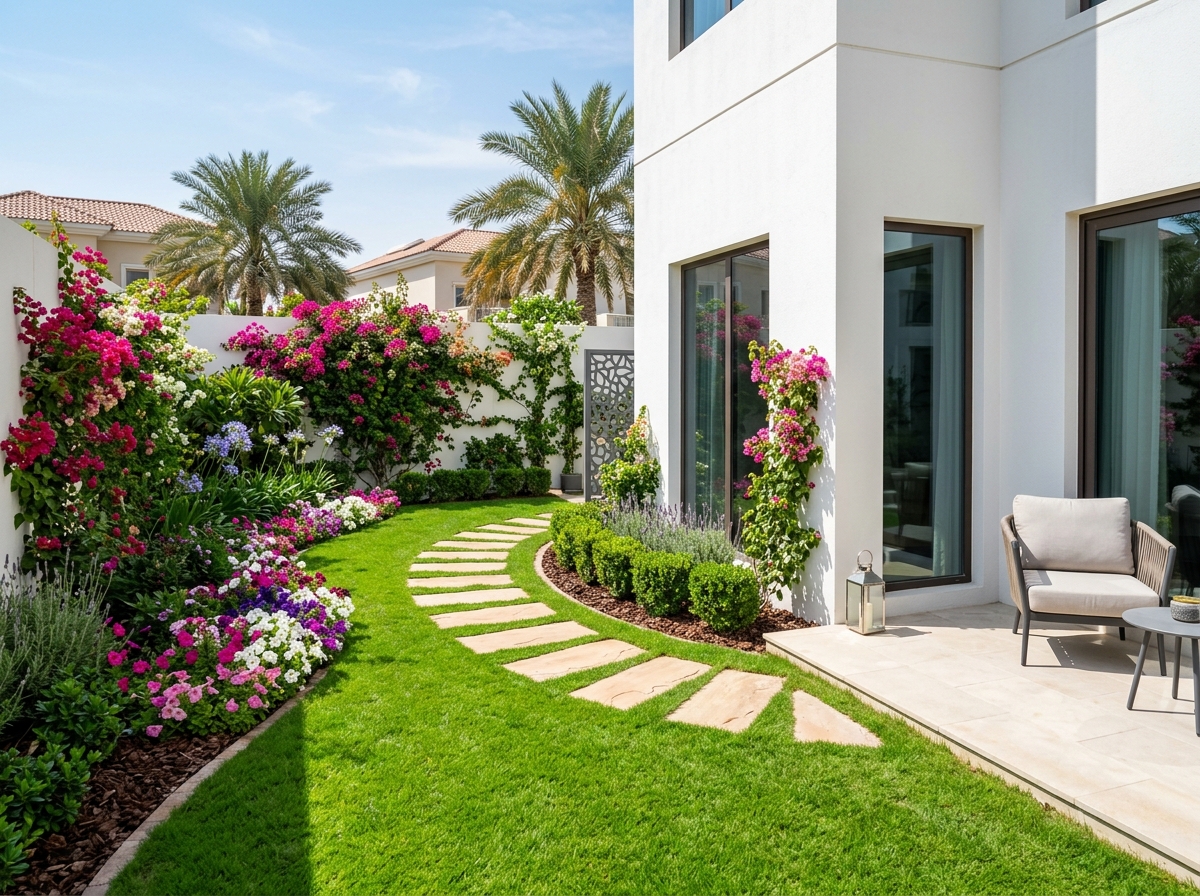 Pristine manicured hedges and layered ornamental planting along a residential villa entrance