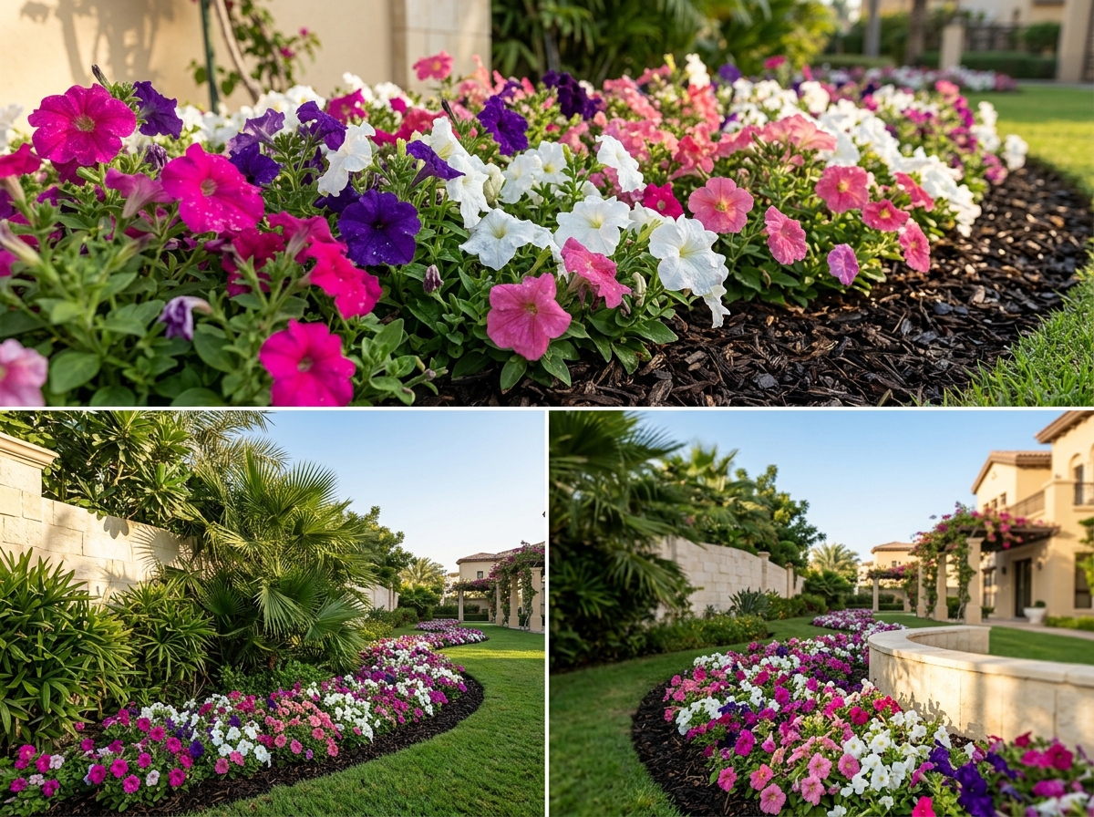 Vibrant flower border planting featuring seasonal multi-color blooms and manicured low box hedges along a villa wall
