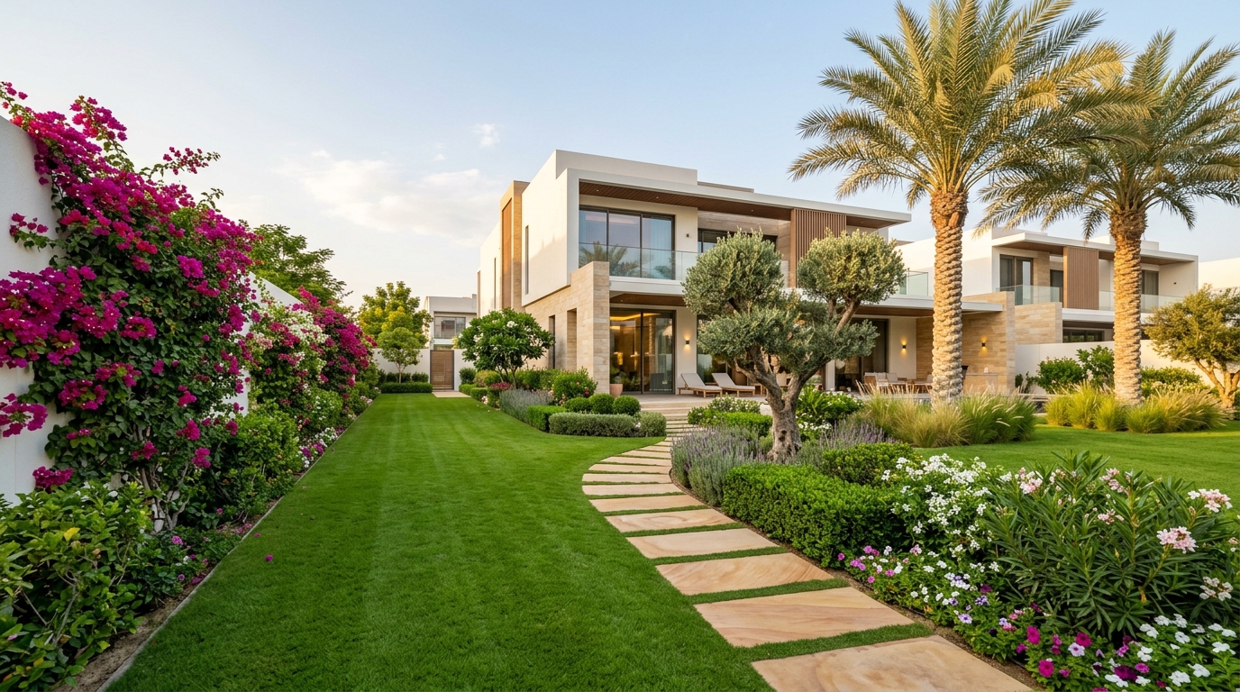 Clean porcelain pool surround with architectural palm trees and integrated green hedge privacy screen